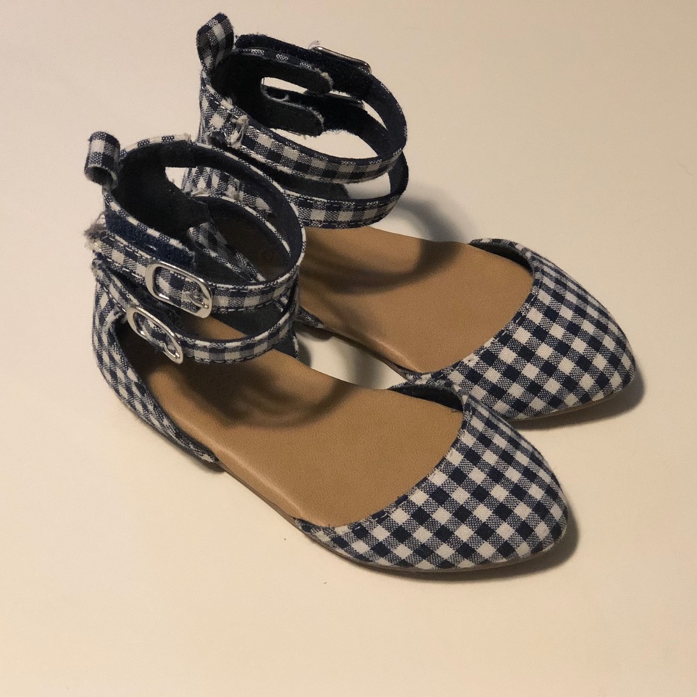 Navy & White Gingham ankle strap flats